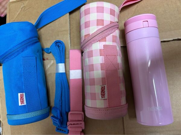 THERMOS 水筒 保温瓶 ピンク ケース付き 青 チェック柄 美品
