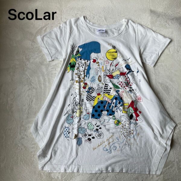 Scolor スカラー チュニック Tシャツ 不思議の国のアリス M ゆったり 半袖Tシャツ 白T クルーネック