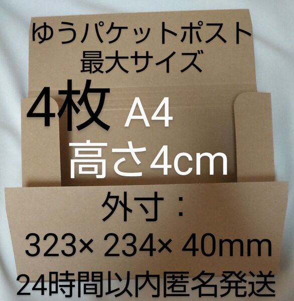 A4 ダンボール箱 4cm 4枚 ゆうパケットポスト専用 箱 ゆうパケットポスト最大 梱包材 梱包資材 24時間以内匿名発送