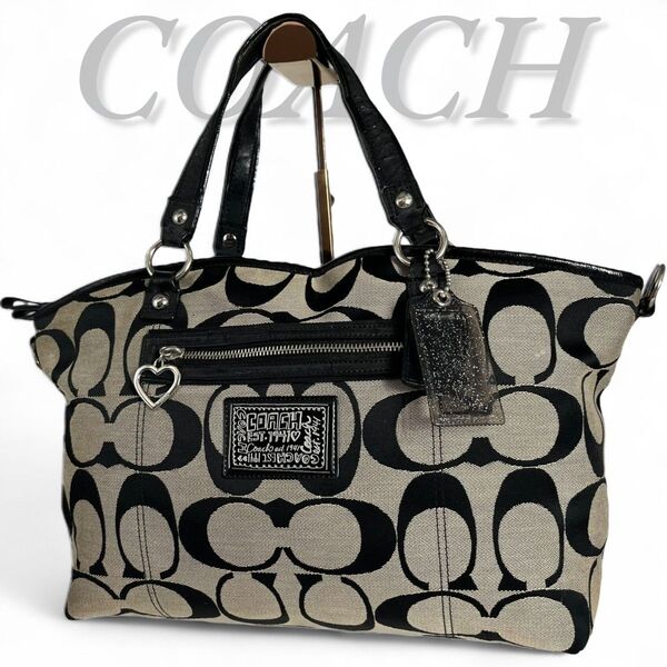 訳あり特価 COACH コーチ トートバッグ POPPY ポピー キャンバス シグネチャー パテント レザー 肩掛け ブラック