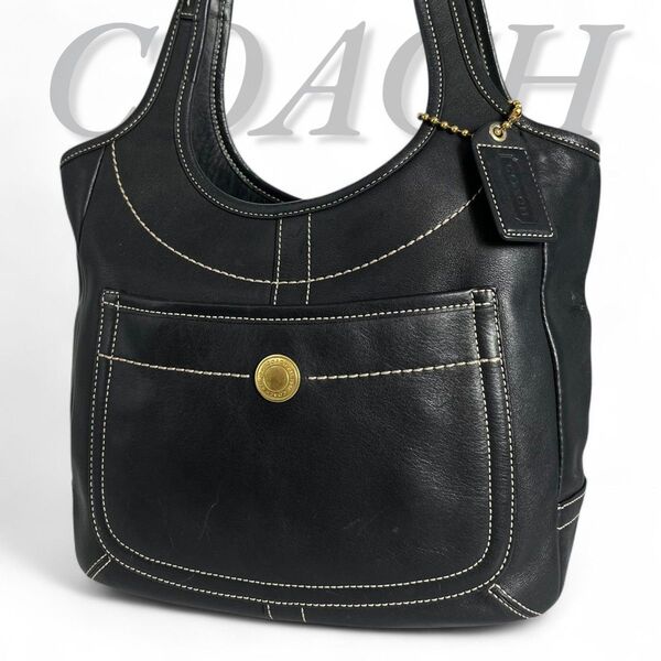 美品 COACH コーチ トートバッグ レザー 肩掛け ステッチ 本革 ブラック 黒 ストライプ ハンドバッグ 11285