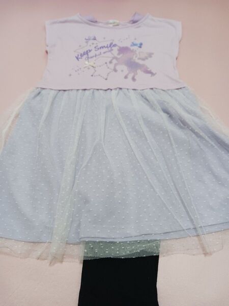 女の子 チュールワンピース レギンス セット 130cm パープル ユニコーン ラメ キラキラ 子供服