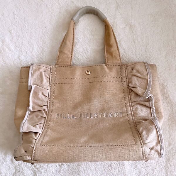 【美品】【ポーチ付き】JILL by JILLSTUART フリルキャンバストートバッグ ベージュ