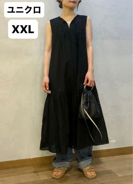 ユニクロ ライトコットンワンピース XXL インナーキャミソール、紐ベルト付き 美品