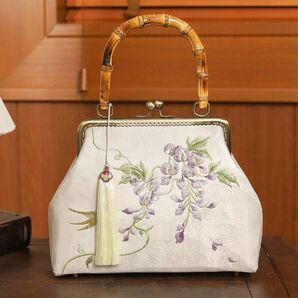 53 薄紫色 花柄刺繍 和装用バッグ