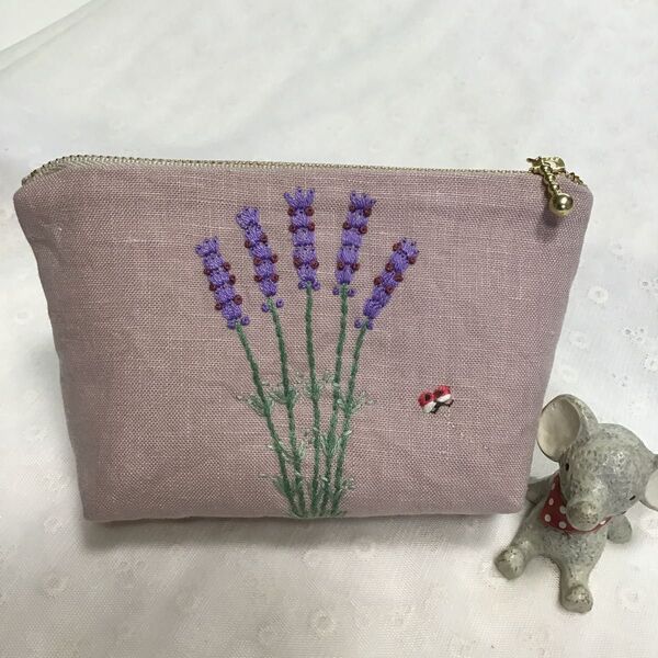 ディルフラワーとラベンダー 手刺繍ポーチ 16cmファスナー くすみピンク リネン ハンドメイド