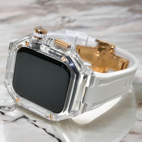 TS☆アップルウォッチバンド ラバーベルト カバー Apple Watch クリア ケース 40 41 44 45 46 49mm