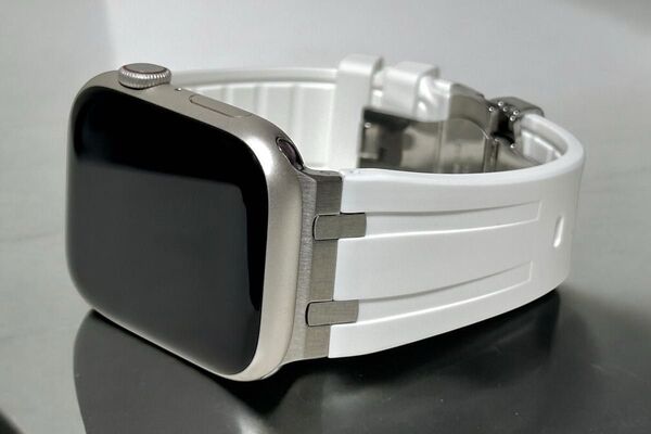 ホワイト銀☆Apple Watchバンド ラバーベルト 38mm40mm41mm42mm44mm45mm46mm49mmステンレス