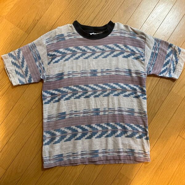エスニックボーダー柄織メンズTシャツLサイズ