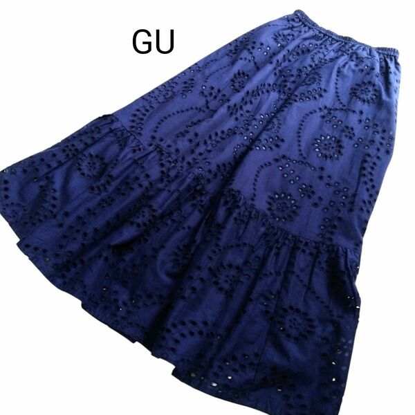 ◆【綿100%】GU コットンレースティアードロングスカート ウエストゴム仕様