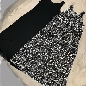 【美品】ノースリーブ マキシワンピース2点セット ブラック モノトーンエスニック柄 レディス フリーサイズ