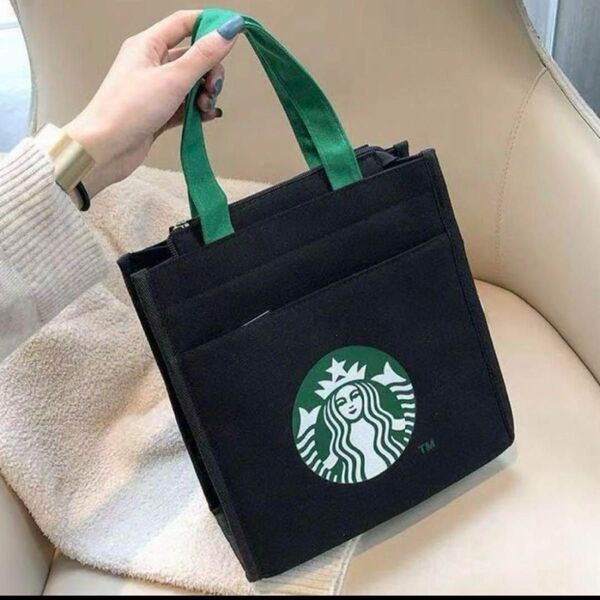 スタバトートバッグ ランチバッグ ハンド バック キャンバス ファスナー式 starbucks ランチバッグ ブラック