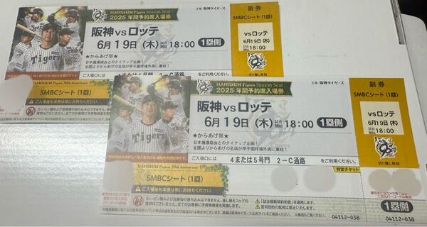 6/19木曜ナイター阪神タイガースvs千葉ロッテ一塁通路側連番甲子園