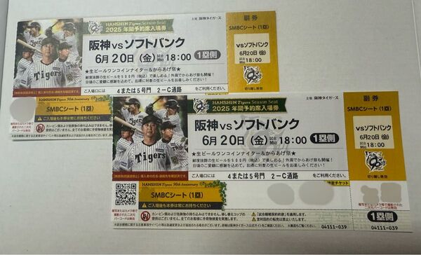 6/20金曜ナイター阪神タイガースvsソフトバンク一塁通路側連番甲子園