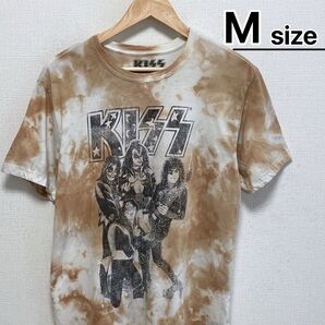 KISS Tシャツ M ブラウン ベージュ タイダイ柄 バンド ロゴ USA古着