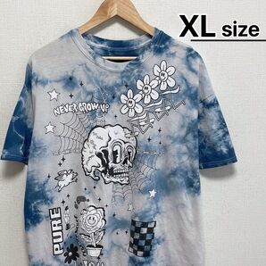 USA古着 Tシャツ XL タイダイ柄 ネイビー ライトグレー スカル プリント