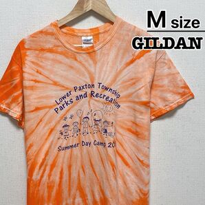 USA古着 GILDAN Tシャツ M オレンジ タイダイ柄 キャンプ スタッフ
