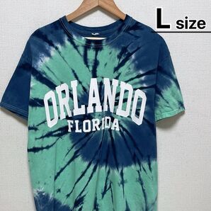 USA古着 Tシャツ L タイダイ柄 ターコイズ ブルー プリント オーランド