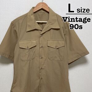 USA古着 97年製 ミリタリーシャツ 半袖 L ベージュ オープンカラー 無地