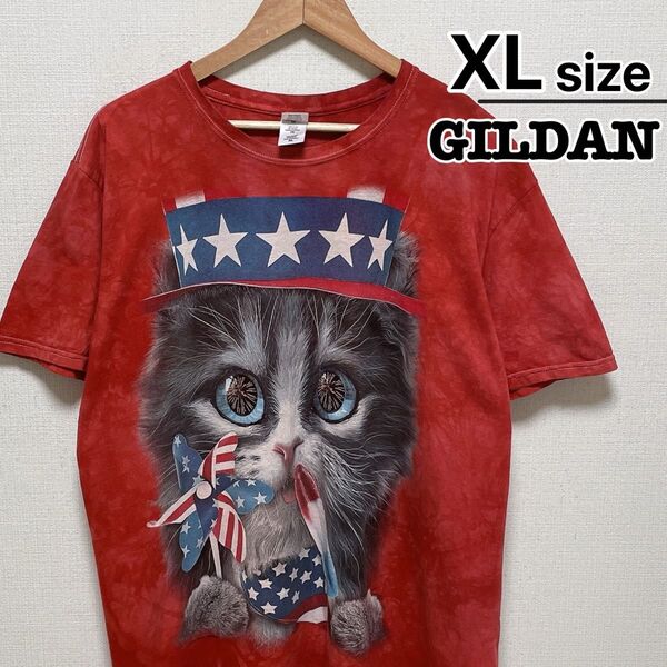 USA古着 ギルダン Tシャツ XL レッド タイダイ柄 猫 キャット アニマル