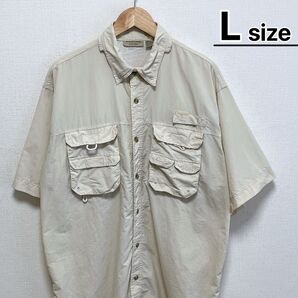 USA古着 フィッシングシャツ 半袖 L ベージュ 無地 アウトドア ナイロン
