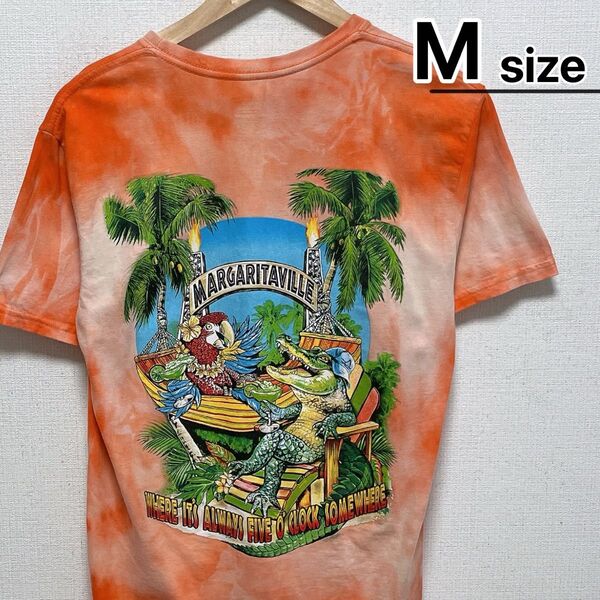 USA古着 Tシャツ M オレンジ タイダイ ワニ アカコンゴウインコ アニマル