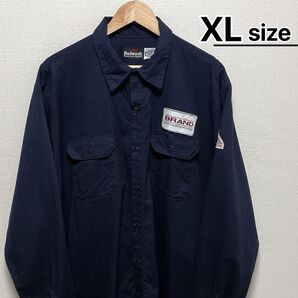 USA古着 ワークシャツ 長袖 XL ネイビー ワッペン 企業 ロゴ コットン