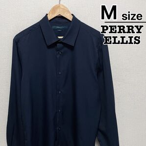 PERRY ELLIS カジュアルシャツ 長袖 M ネイビー 無地 USA古着