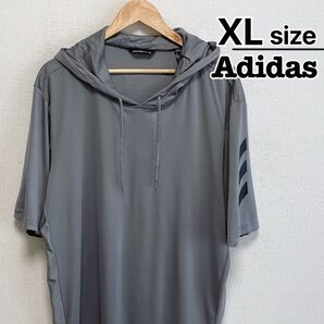 Adidas 半袖パーカー XL グレー プルオーバー ポリエステル 無地 古着