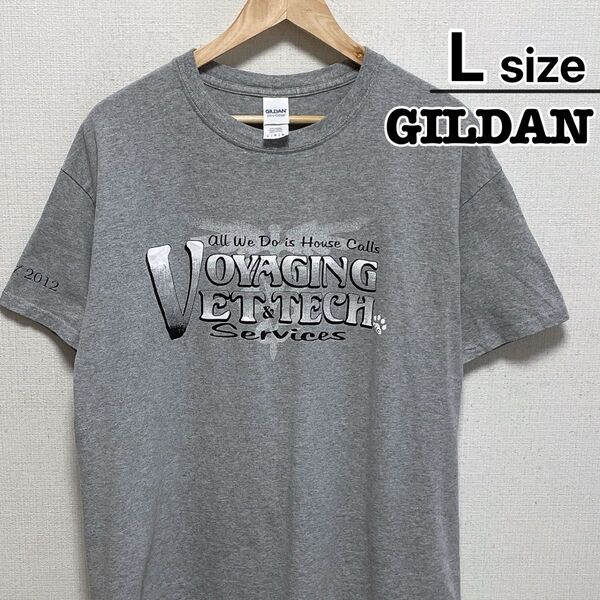 USA古着 GILDAN Tシャツ L グレー プリント 企業 グラフィック