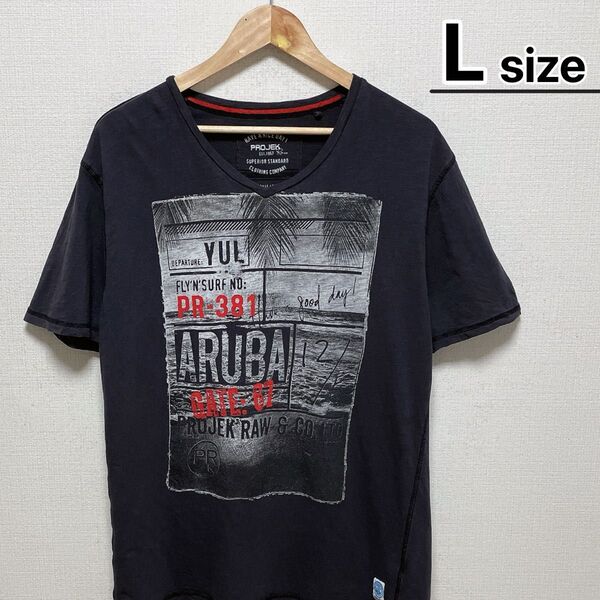 USA古着 Tシャツ L ダークグレー Vネック ビッグプリント ロゴ コットン