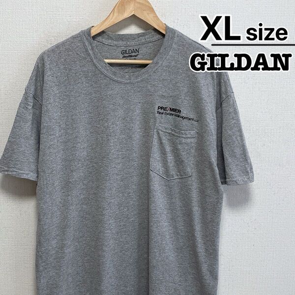 USA古着 GILDAN Tシャツ XL グレー 胸ポケット 刺繍 企業 ロゴ