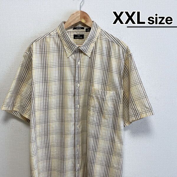 PERRY ELLIS 半袖シャツ XXL チェック柄 ベージュ ボタンダウン