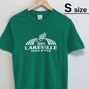 USA古着 Tシャツ S グリーン 緑 半袖 プリント ロゴ LAKEVILLE