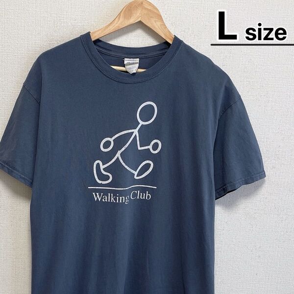 USA古着 Tシャツ L グレーネイビー プリント ウォーキング イラスト ロゴ