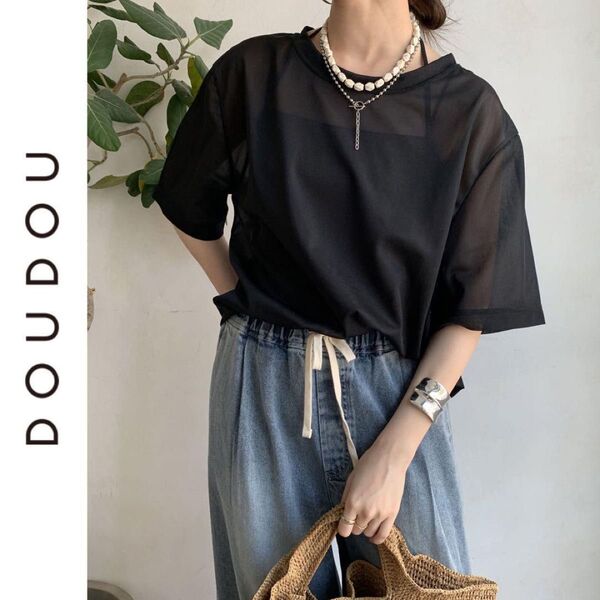 新品 DOUDOU トリコットオーガンジーTEE ドゥドゥ ブラック 黒