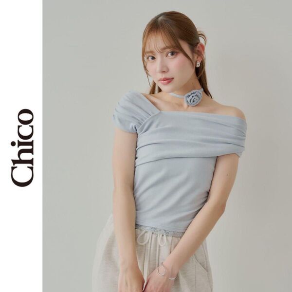 新品 Chico ローズチョーカー付ワンショル裾レースT チコ ブルー 半袖Tシャツ