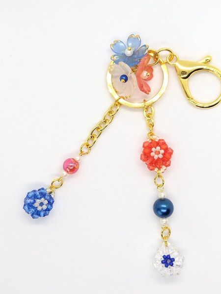 ビーズ ストラップ バッグチャーム キーホルダー ハンドメイド 万博カラー フラワーパーツ