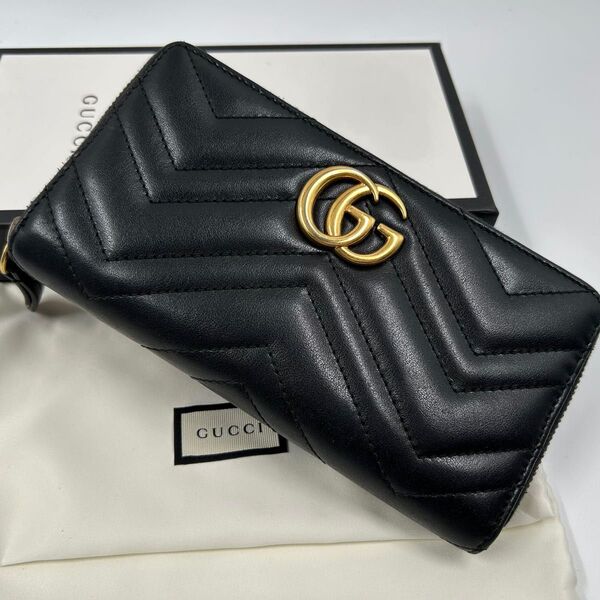 美品【GUCCI グッチ】長財布 マーモント キルティング レザー コンチネンタル ソーホー ラウンドファスナー ブラック