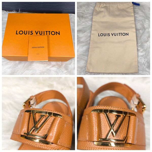 美品【Louis Vuitton ルイヴィトン】ホライズンライン 35 サンダル デカロゴ プレート レザー フラット 22.5