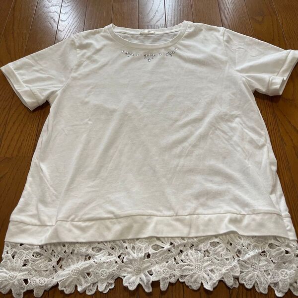 白Tシャツ レース ラインストーン