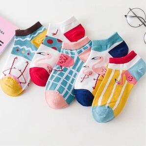 靴下 レディース 新品 まとめ売り 5足セット 韓国人気 可愛い フラミンゴ柄