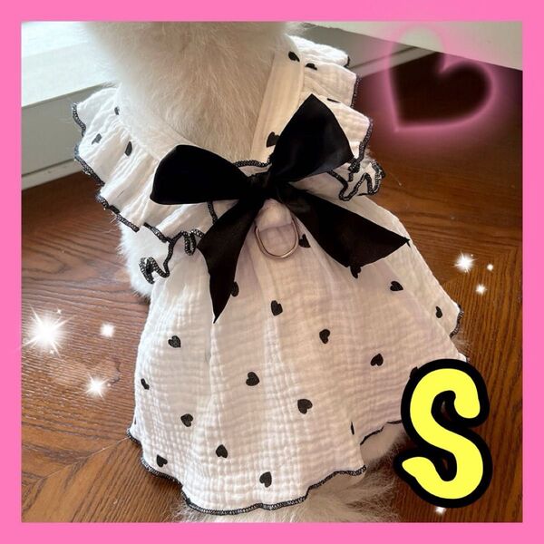 【S】ペット服 犬服 リボン ドット かわいい モノトーン コットン 散歩 ドッグウェア ワンピース 猫服