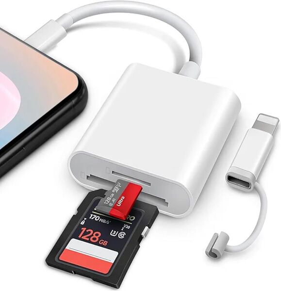 SD カードリーダー 2 ポート対応 Lightning/Type-C USB3.0 双方向高速伝送 OTG 機能付き