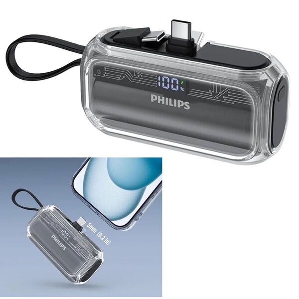 Philips (フィリップス) モバイルバッテリー 5000mAh 小型 USB-Cケーブル内蔵 軽量 大容量 モバイル充電器