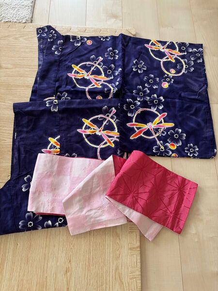 花柄 トンボ 浴衣 帯 2点セット