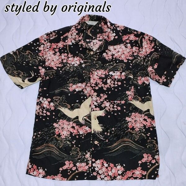 styled by originals アロハシャツ 黒 L 鶴 桜 和柄 花柄 かりゆしウェア 浴衣 甚平 鯉口シャツ