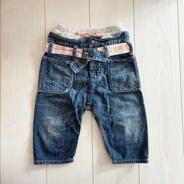 DENIM DUNGAREE◆レイヤード風デニム ハーフパンツ ウエストゴム デニム ダンガリー 重ね着 ストレッチ 美品 100