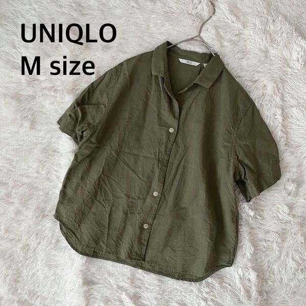 UNIQLO 半袖シャツ リネン混 カーキ サイズM 半袖ブラウス カジュアル