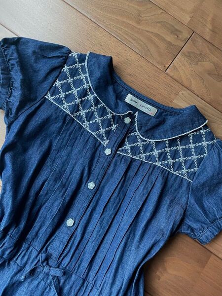 ポンポネット ガールズ ワンピース 150センチ デニム生地 フェミニン パフ袖 刺繍